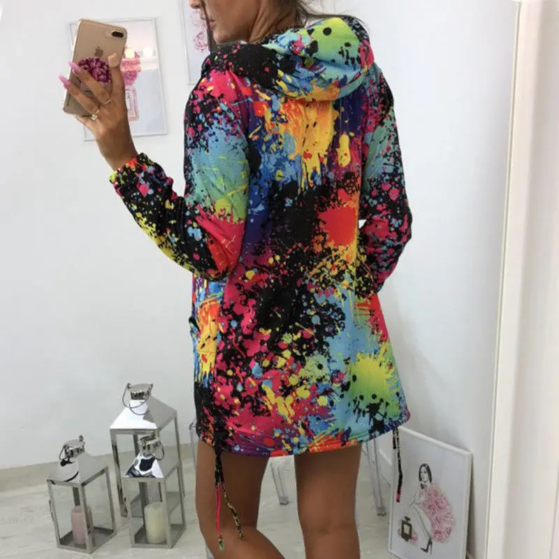 

Autumn Women Ladies Zipper Tops Hoodie Hooded Colorful Graffiti Coat Jacket Casual Slim Thin Jumper