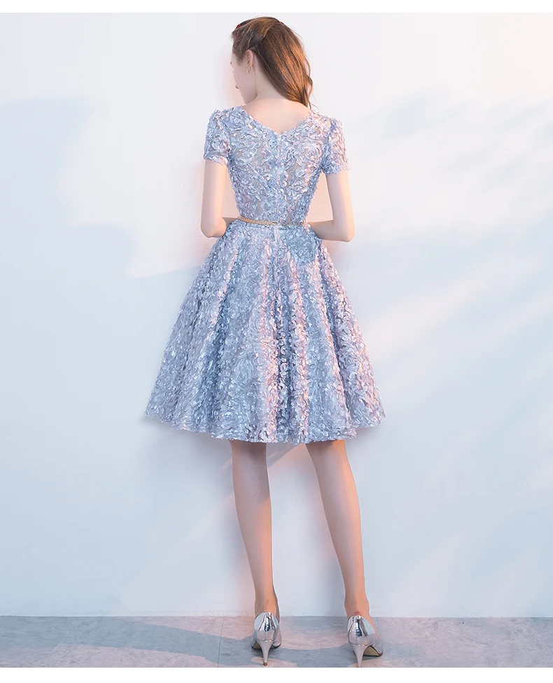 Женское вечернее платье сорие новое серое короткое Кружевное с круглым вырезом и