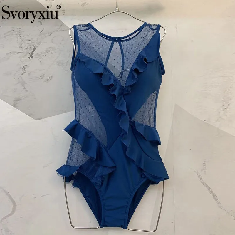 Svoryxiu Mesh Blue One Piece Bodysuit Women's Summer Holiday Sexy Ruffle Bathing Suit Swimwear New