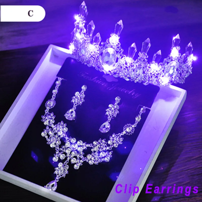 C Purple Light Clip Свадебные Ювелирные наборы корона ожерелье серьги серебро Диадема из хрусталя и жемчуга день рождения Аксессуары для волос невесты Женщины - Окраска металла: C Purple Light Clip