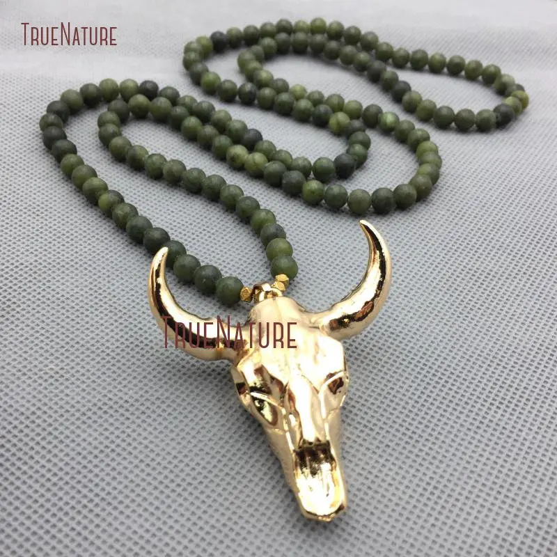 Full Gold Finish Resin Longhorn Pendant Green Jades Beads Necklace New Design Fashion Jewelry In 32 Inch NM4320