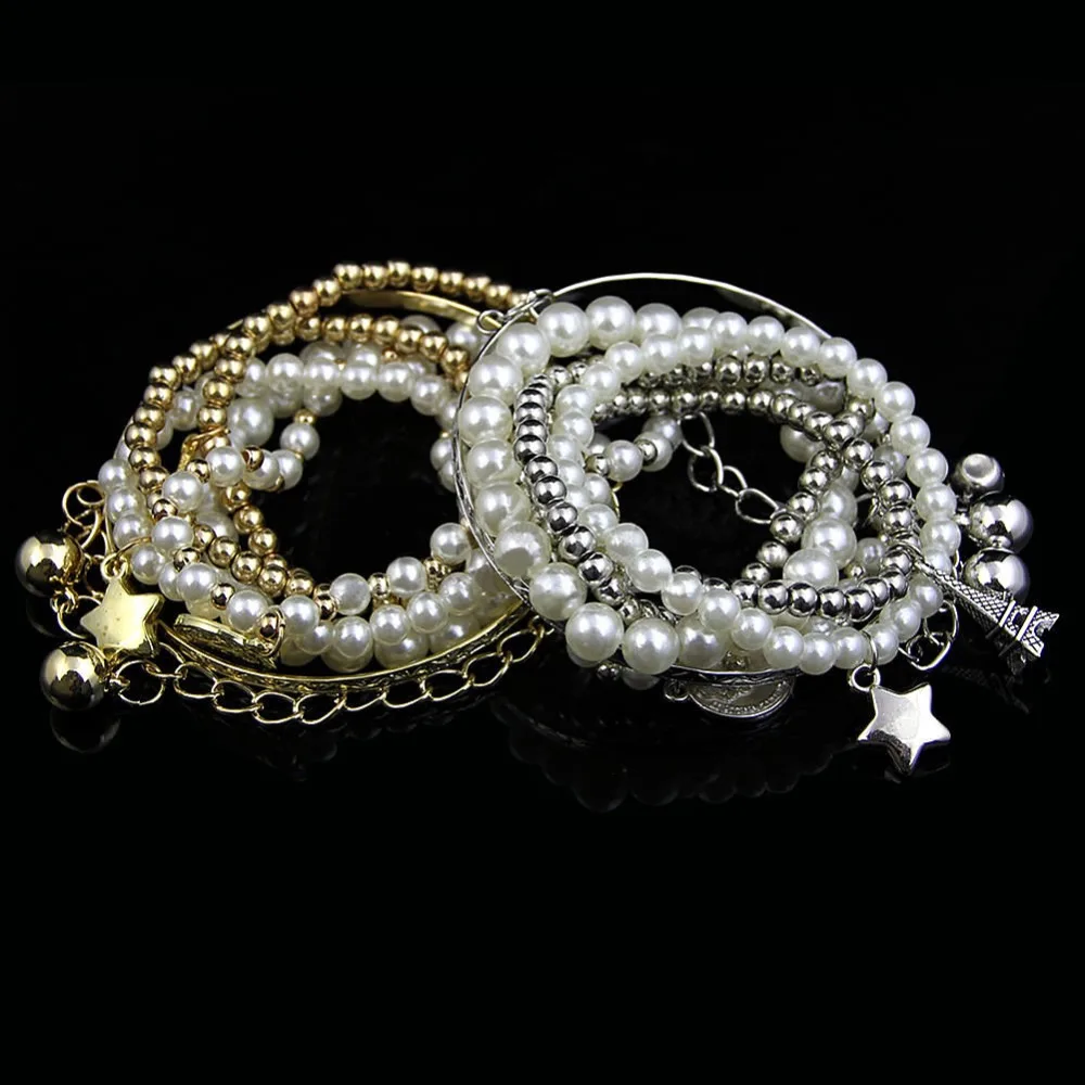 Fashion Women's Unique Gold Silver Metal Faux Pearl Multilayer Pendant Bracelet Hot Sale B0740 | Украшения и аксессуары