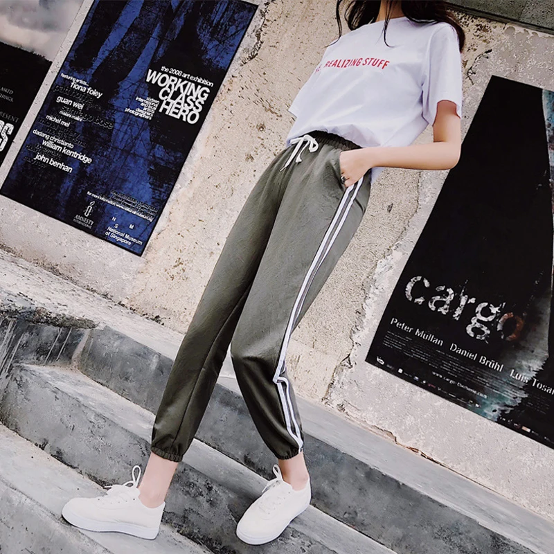 Демисезонный Для женщин эластичный пояс из хлопка и льна прямые Штаны женский