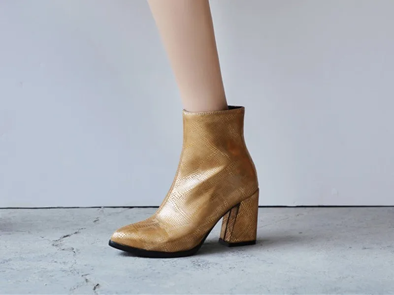 Snake Ankle Boots Women Autumn Winter Lady High Heels A275 Fashion Woman Gold Silver Brown Red Buckle Zipper Pointed Toe Shoes