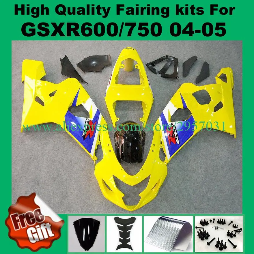 

Injection K4 K5 Yellow blue Fairings for GSXR600 GSXR750 2004 2005 SUZUKI GSX-R600 GSX-R750 04 05 #X39A fairing kits free screws