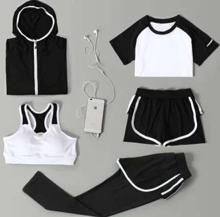 5 piece set 1 Женская Спортивная одежда для улицы, комплект из 5 предметов, футболка с длинным рукавом+ сексуальный бюстгальтер+ шорты+ штаны+ пальто, быстросохнущая одежда для йоги, женская одежда для фитнеса, спортзала - Цвет: 5 piece set 1
