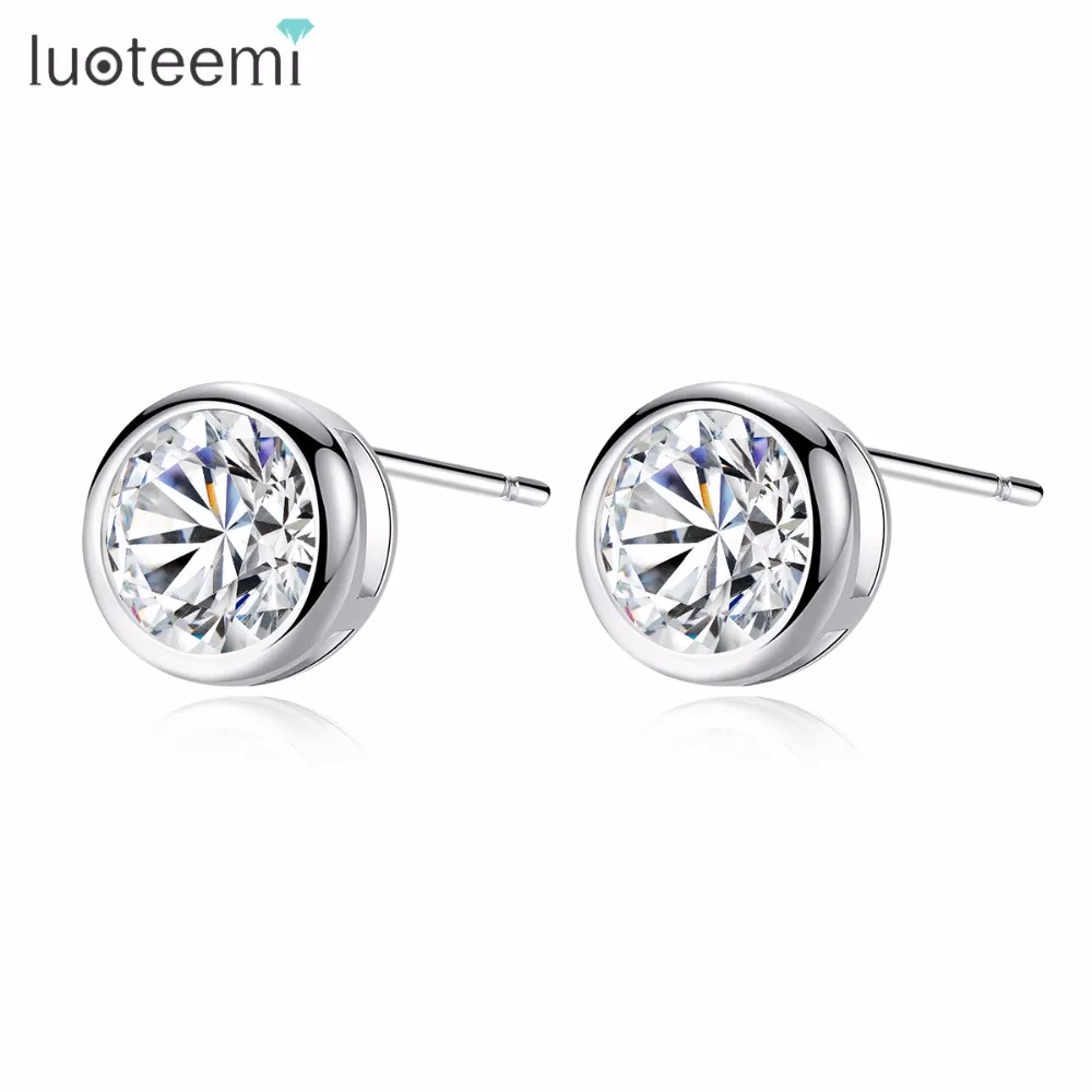 LUOTEEMI,, роскошные крошечные блестящие серьги-гвоздики круглой формы с кубическим цирконием для женщин, ювелирные изделия из белого золота
