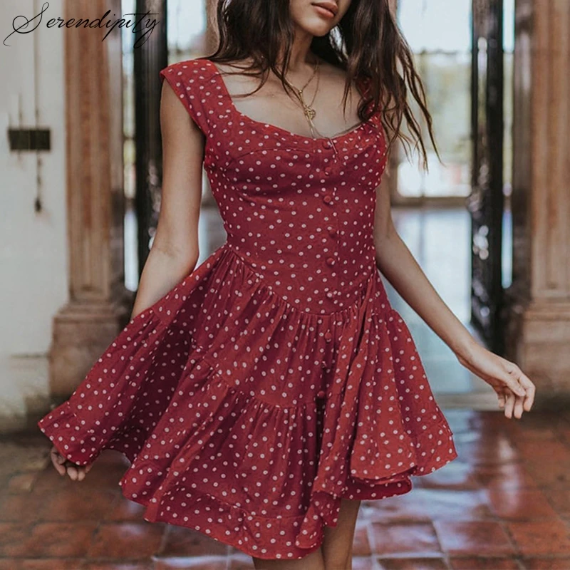 Boho Стиль в горошек Сарафан женский сексуальный элегантный красные пуговицы