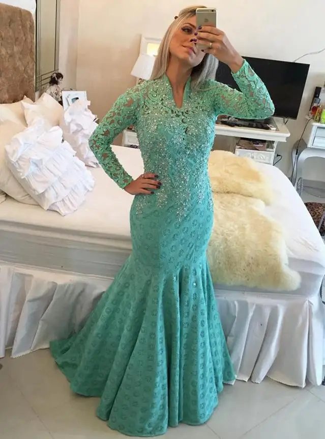 turquoise Vestidos de gala2019 новые сексуальные кружевные платья с v-образным вырезом и длинными рукавами, бирюзовые сексуальные платья для выпускного вечера с русалочкой, высокое качество - Цвет: turquoise