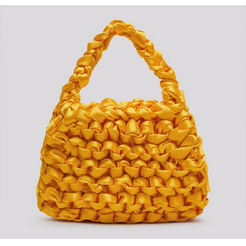 yellow Мини флуоресцентная сумка для отдыха на море, атласная шелковая веревка, Сумка с узлом, женская модная тканая сумка, новинка, корейские маленькие Ретро кошельки - Цвет: yellow