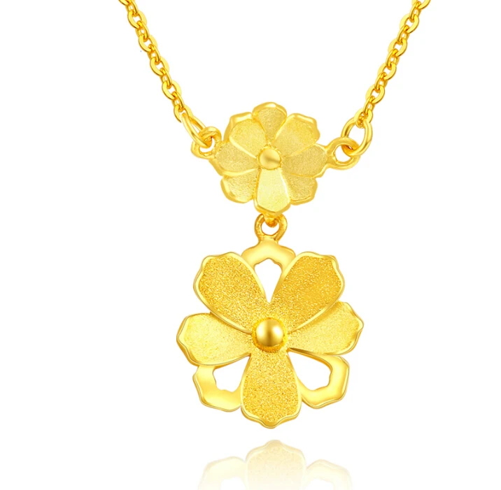 

New Craft Pure 24k Yellow Gold Necklace Women Lucky Flower O Link Chain