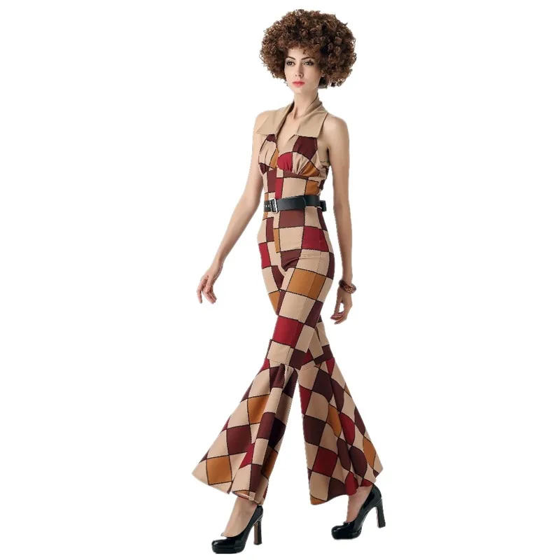 Женский комбинезон с лямкой на шее пикантный клетчатый в стиле ретро для