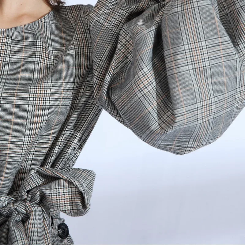 To Gladself Plaid Two Piece Sets Women Lantern Sleeve Blouse Tops Female Lace Up High Waist Ruffle Midi Skirt Suits 2018 Autumn | Женская