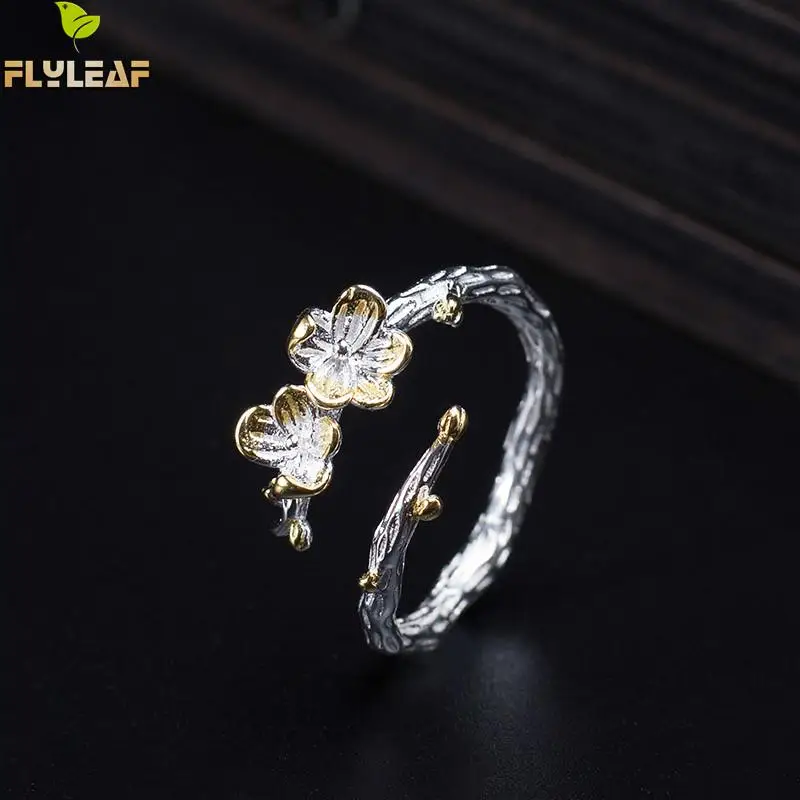 

Flyleaf Personality Plum Tree Branch Rings For Women 100% 925 Sterling Silver High Quality Fine Jewelry Femme Open Ring Vintage
