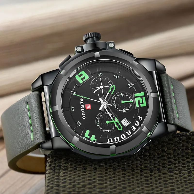 

Relogio Masculino Black Men Watch Chronograph Big Dial Sports Multi-Function Luxury Brand Watch Men Genuine Leather Watches