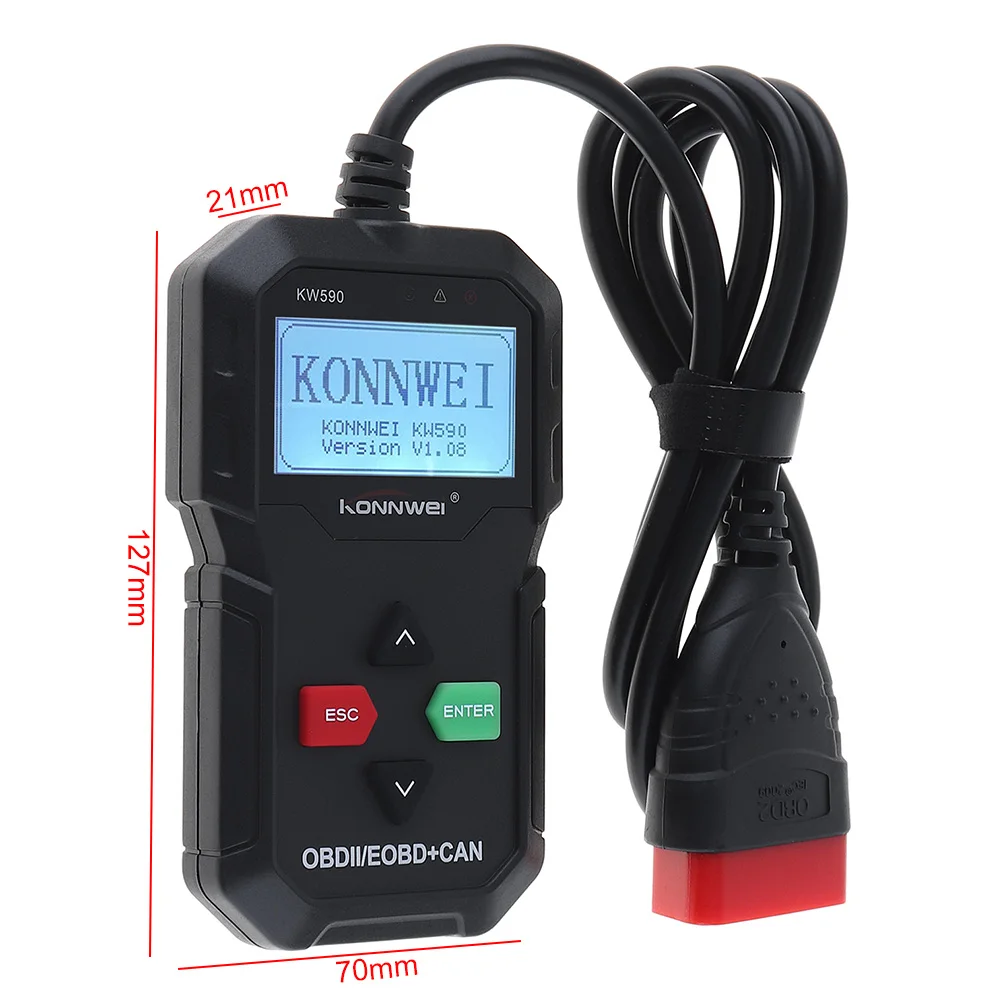 Konnwei KW590 12V OBDII Многоязычная Автоматическая диагностика неисправностей Обнаружение Instrumen с черной тканевой сумкой для 12V бензинового автомобиля