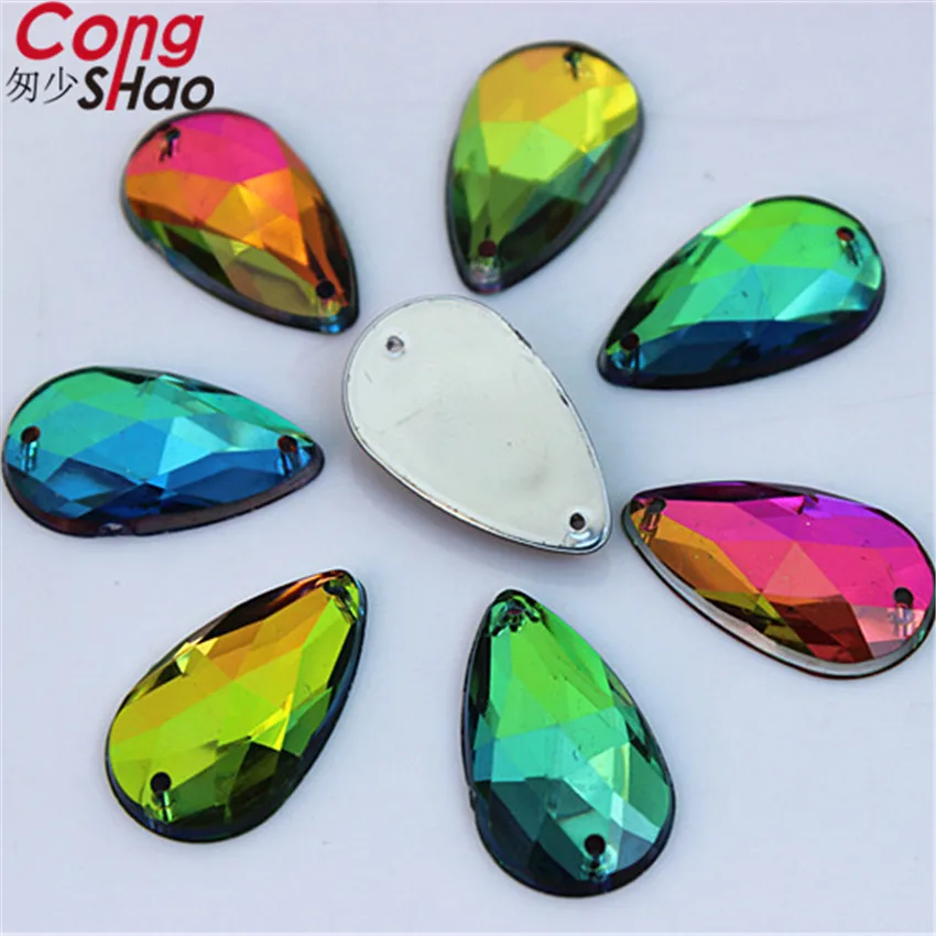 

Cong Shao Drop Rainbow color stones and crystals flatback Acrylic Rhinestone applique sewing 2 Hole DIY costume Button CS378