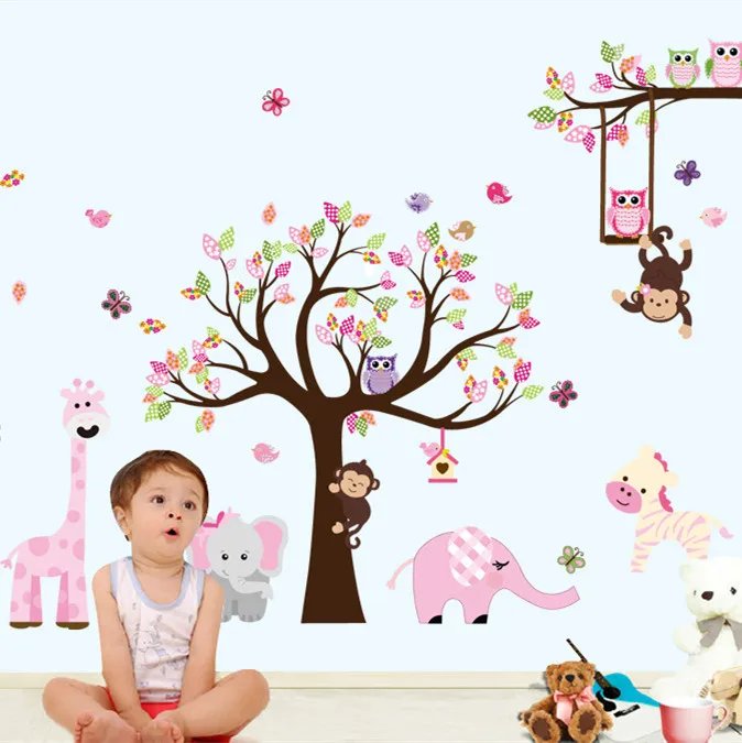 

Latest XXL Cartoon Animals Zoo Owl Butterfly Monkey Wall Stickers for Kids Room Home Decor Colorful Tree Decal Stick on Wall