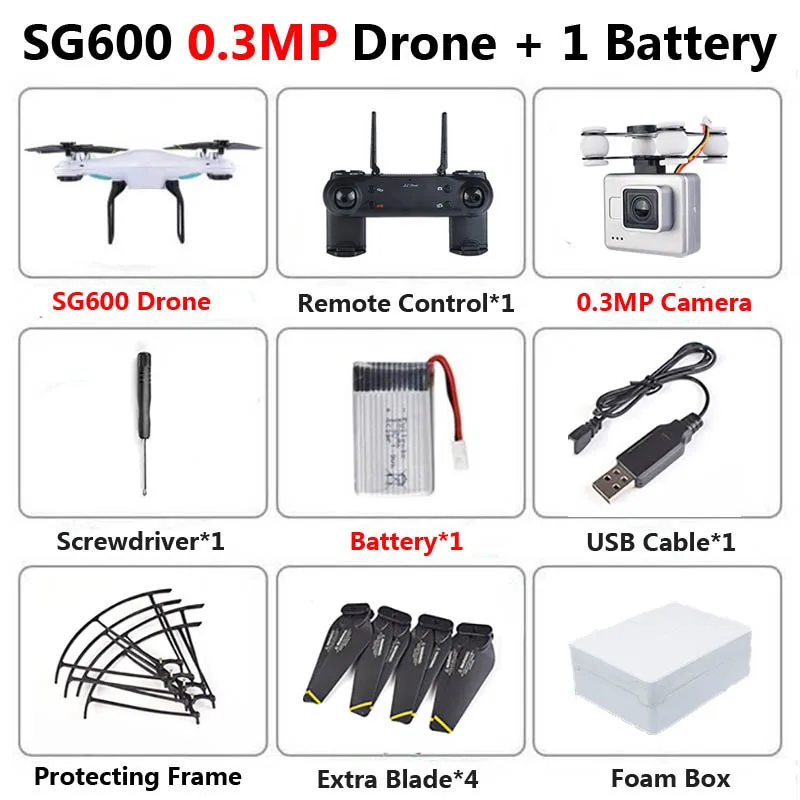 0.3MP White 1B Foam SG600 Профессиональный Дрон с камерой светодиодный 2MP HD WiFi FPV широкоугольный высота отверстие RC Квадрокоптер вертолет игрушки подарок VS E58 X5HW - Цвет: 0.3MP White 1B Foam