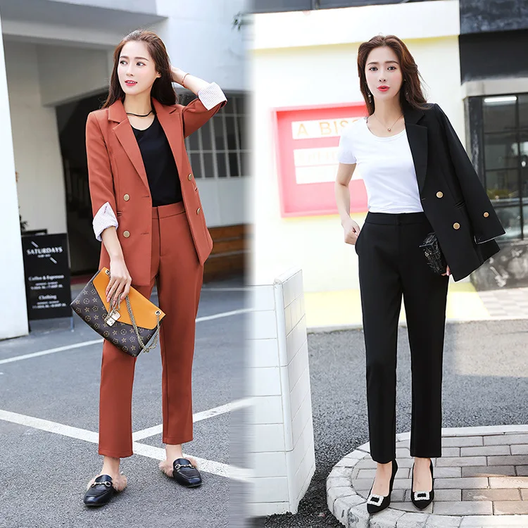 

high quality Work Pant Suits 2 Piece Sets Double Breasted Striped Blazer Jacket & Zipper Pant Office Lady Suit Women Outfits Ms