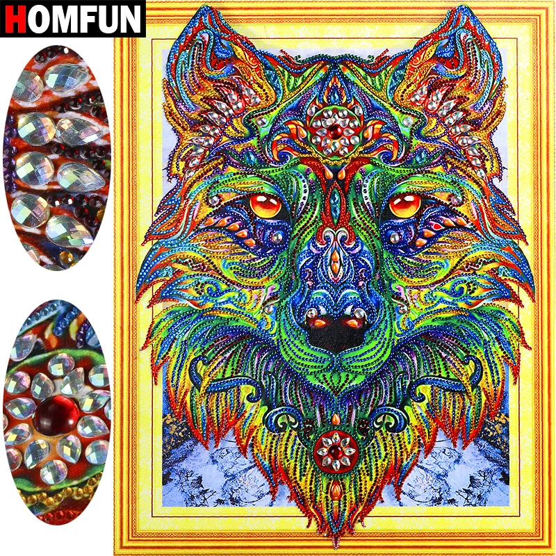 

HOMFUN 5D Special Shape Diamond Embroidery Wolf Diamond Painting Animal 5D Pattern Rhinestones Needle Arts Gift 40x50cm