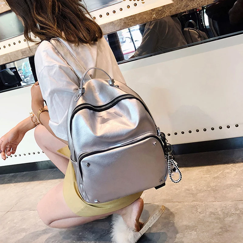 

2019 Summer New Silver Casual Backpacks Soft PU Leather Women Rucksack School Bags For Teenage Girls Female Fashion Travel Bag