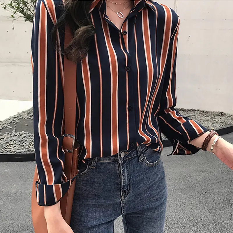2019 Осенние блузки для женщин полосатая футболка из шифона Blusa Mujer Moda топы с