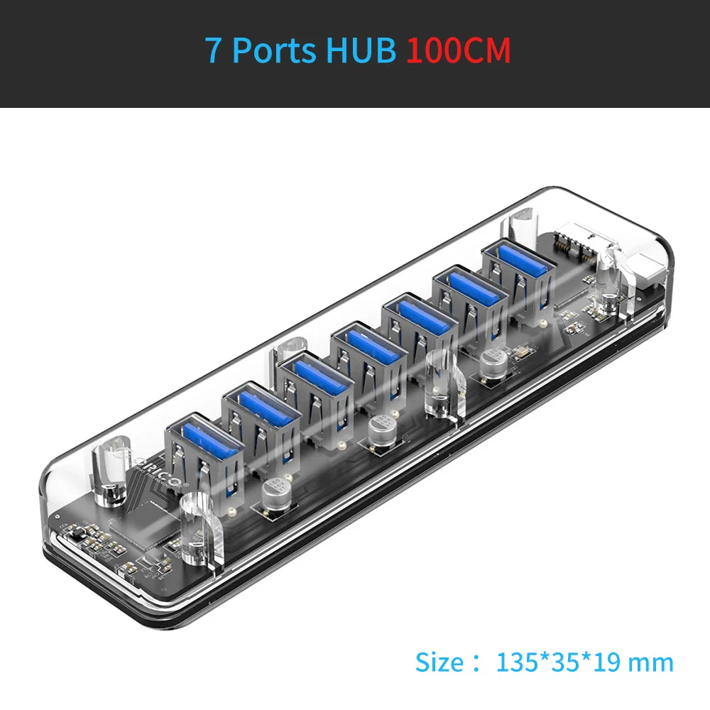 ORICO хаб USB 4/7 Порты USB3.0 прозрачный концентратор Mini с резиновой противоскользящей Pad зарезервированный внешний Питание - Цвет: F7U-100CM