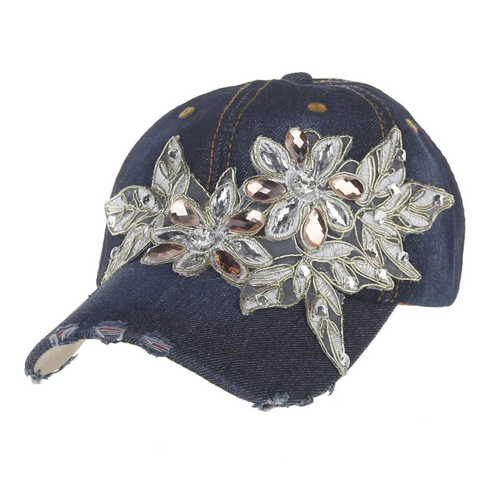 Новая мода регулируемая бейсболка женские бриллиантовые Стразы с цветами Летний