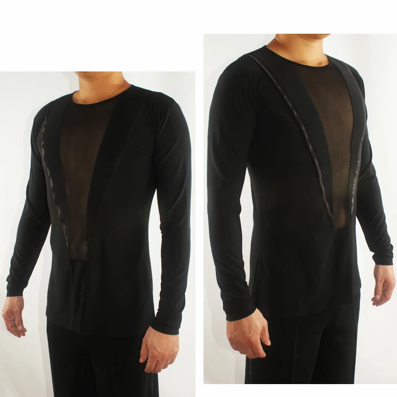 Black Latin Dance Shirt Men Ballroom Tango Competition Performance Wear Round Neck Cha Salsa Samba Clothes | Тематическая одежда и