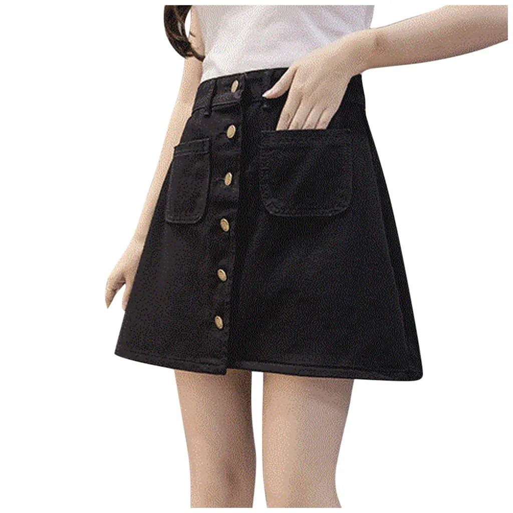 Fashion Women Leisure Denim A-Shaped Skirt Loose Button Pocket Short Skirt