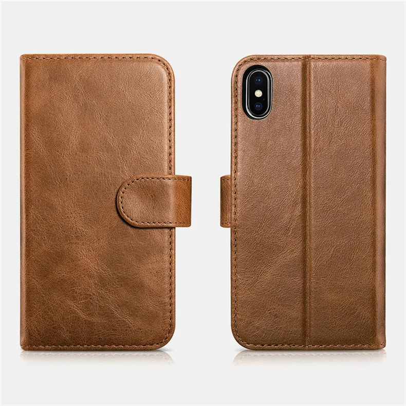 Brown Роскошный чехол ICARER из натуральной кожи со съемным держателем для карт, чехол-кошелек для iPhone XS, защитный Магнитный флип-чехол для iPhone X - Цвет: Brown