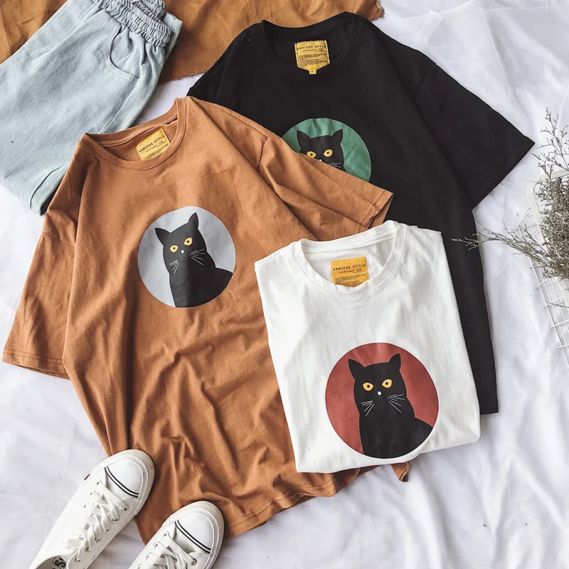 Кошки Харадзюку С персонажами из мультфильмов хлопка Милая футболка с коротким