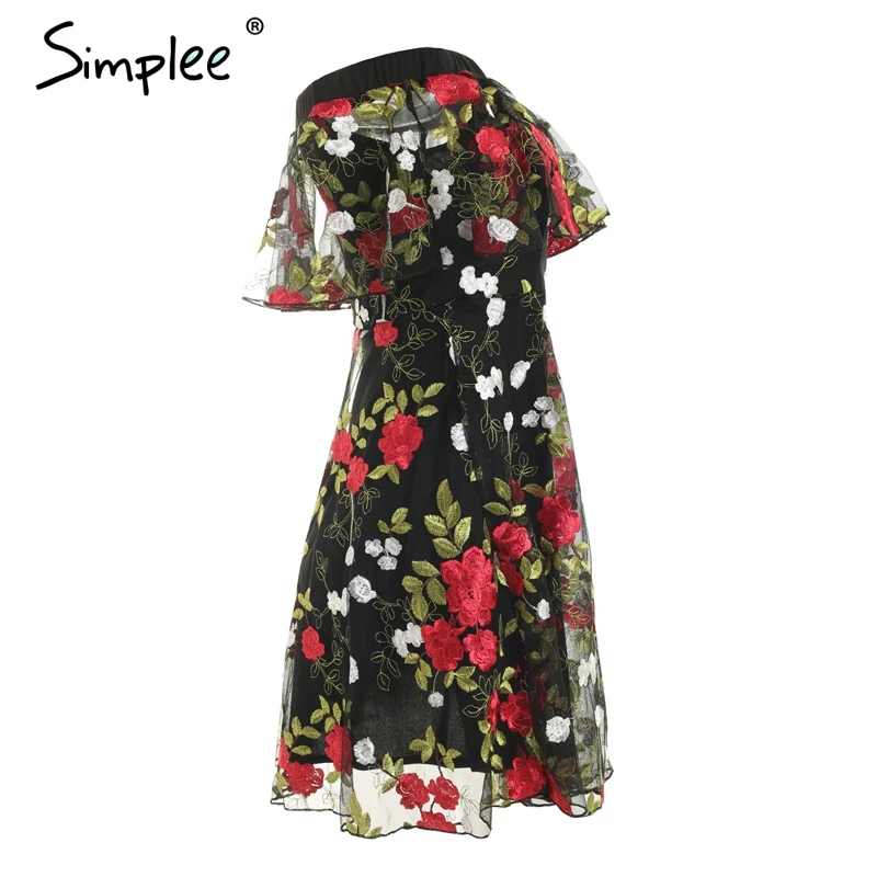 Simplee пикантные с плеча вышивка кружевное платье Женщины рюшами сетки цветочные