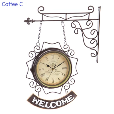 Coffee C Европейский Винтажный кофейный белый двухсторонний 9 дюймов круглый железный каркас домашний декор настенные Подвесные часы с желанными табличками - Цвет: Coffee C