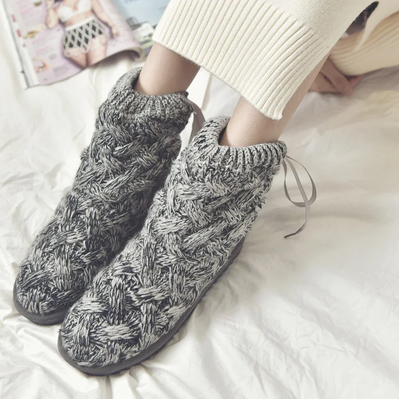 XEK Creative Female Snow Boots Rubber Knitting Wool Thread Women Winter High Tube Gray Black Cotton Shoes Ankle Boot JH272 | Обувь