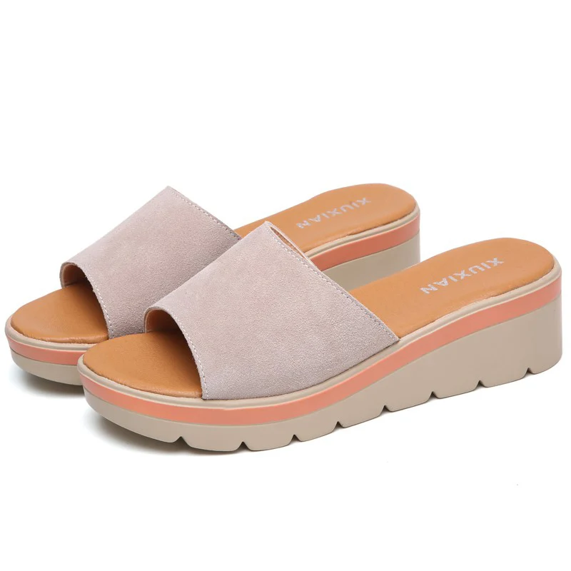 Женские Летние кожаные шлепанцы без застежки Босоножки с открытым носком