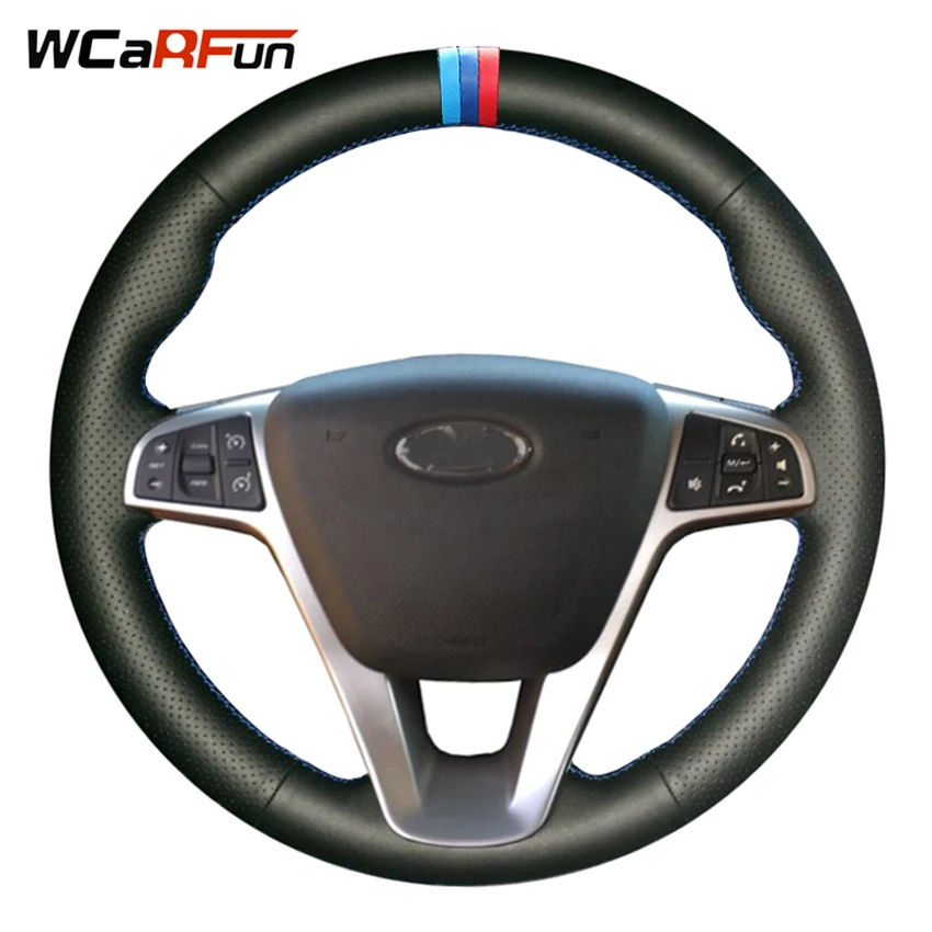 WCaRFun ручная работа черный искусственный кожаный чехол рулевого колеса автомобиля для Лада Веста