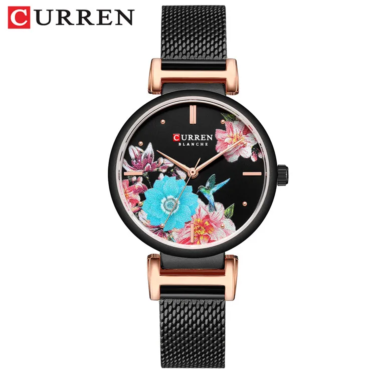 black M CURREN кожаные женские часы летние новые кварцевые женские наручные часы Relojes женские часы модные с цветочным циферблатом Reloj Mujer - Цвет: black M