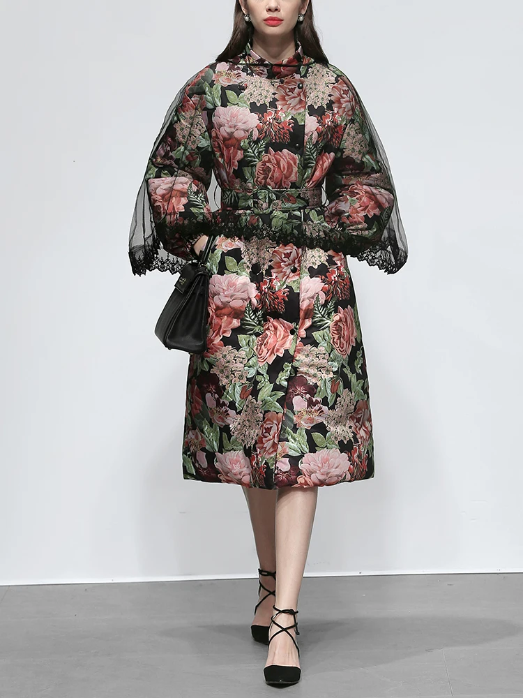 2018 зимняя женская теплая куртка с цветочным принтом Длинная тонкая парка пальто