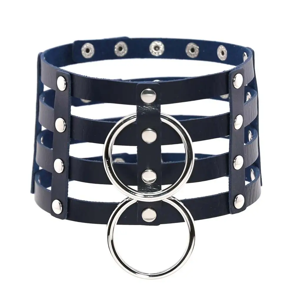 Dark Blue KMVEXO, двойные O-Round, Панк Чокеры в готическом стиле, для женщин и мужчин, кожа, заклепки, клетка, жгут, воротник, колье, ожерелье, массивные украшения - Окраска металла: Dark Blue