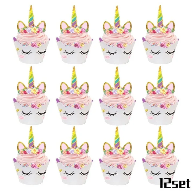 12 set cake toppers Единорог вечерние украшения счастливый флажок на день рождения баннер овсянка Войлок Единорог рог цветок пальмовый лист День Рождения украшения для детей - Цвет: 12 set cake toppers