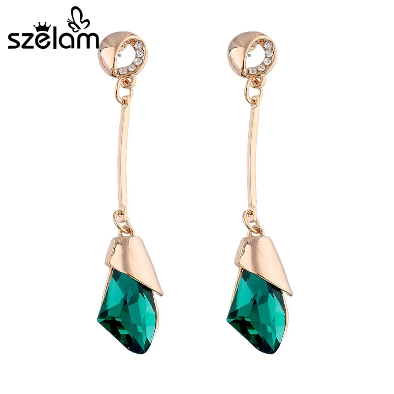 Женские длинные серьги капельки Szelam зеленые сережки золотого цвета с фианитом