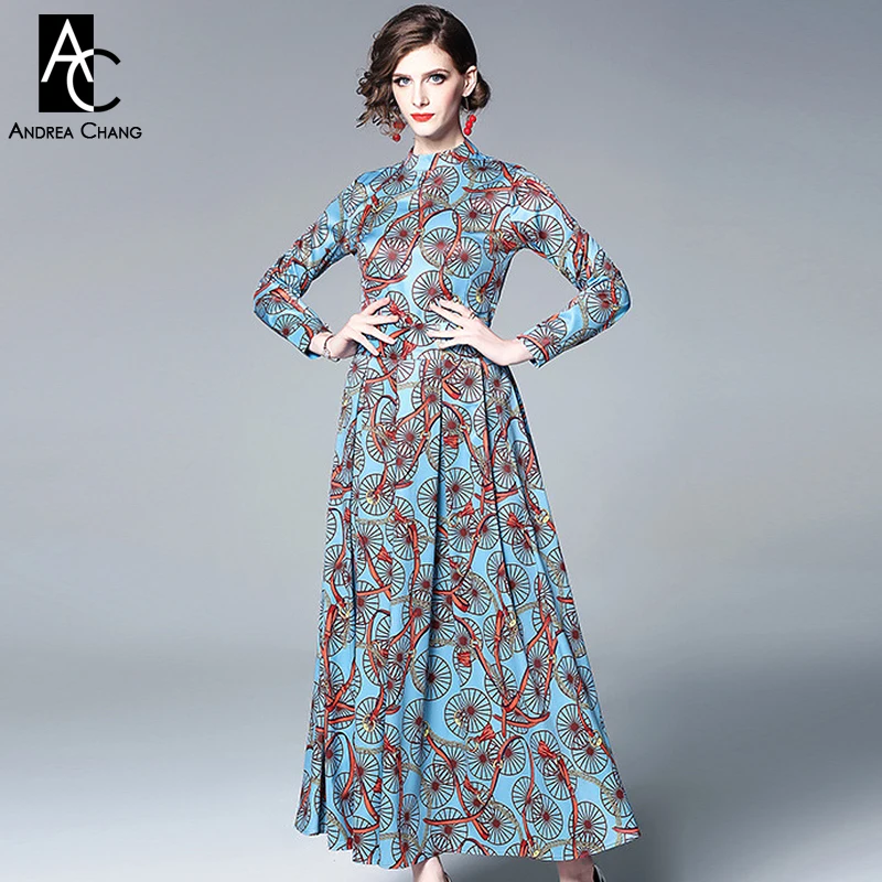 Женское винтажное платье с длинным рукавом красное принтом колес и весна