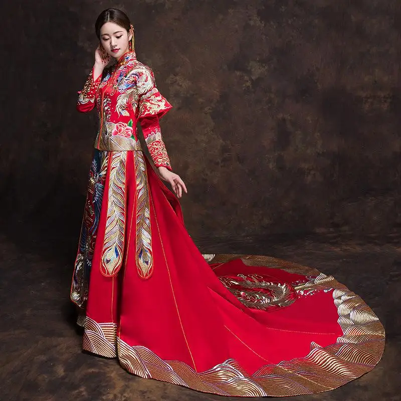 Элегантное платье в пол Cheongsam Красная Вышивка Феникс китайская невеста свадебное платье Vestidos традиционное цветочное Ципао - Цвет: Floor Length Dress