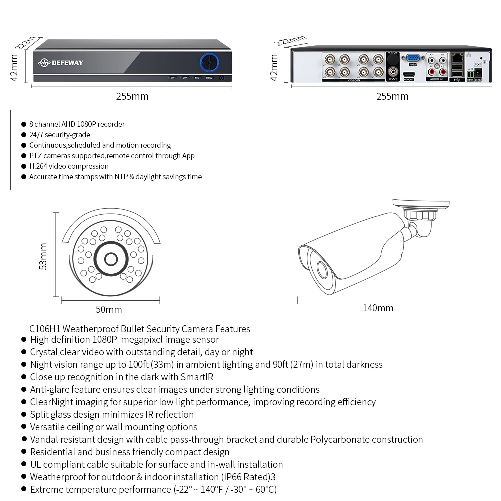 DEFEWAY 8CH DVR 1080P HDMI CCTV система видео рекордер 8 шт 1280TVL Домашняя безопасность Водонепроницаемая камера ночного видения комплект видеонаблюдения