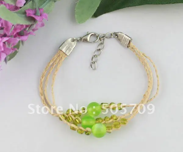 

24PCS Green round bead Lucky Triple Raffia Bracelets #21675