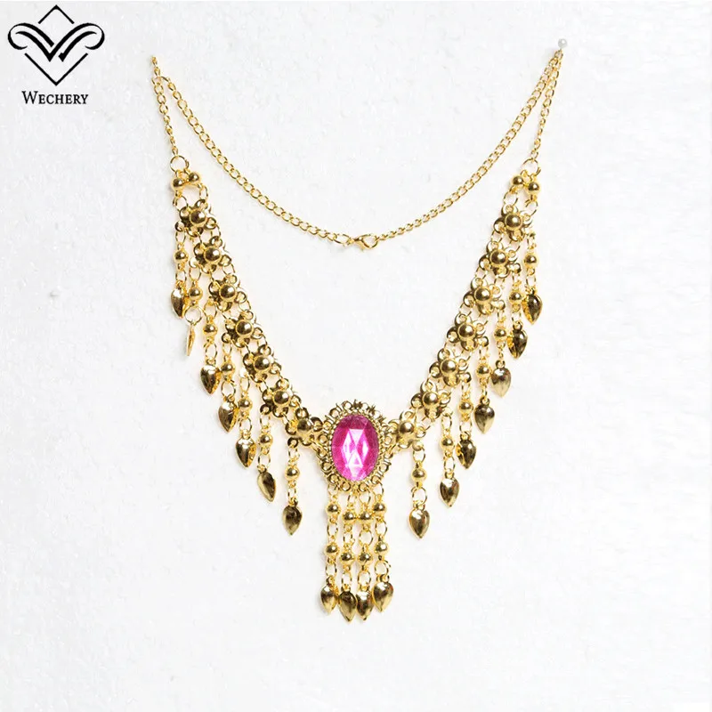 rose red necklace Wechery женские индийские ювелирные изделия Роскошные танец живота одежда ювелирные изделия золотые серьги ожерелье Браслеты, головные уборы обувь Болливуд - Цвет: rose red necklace