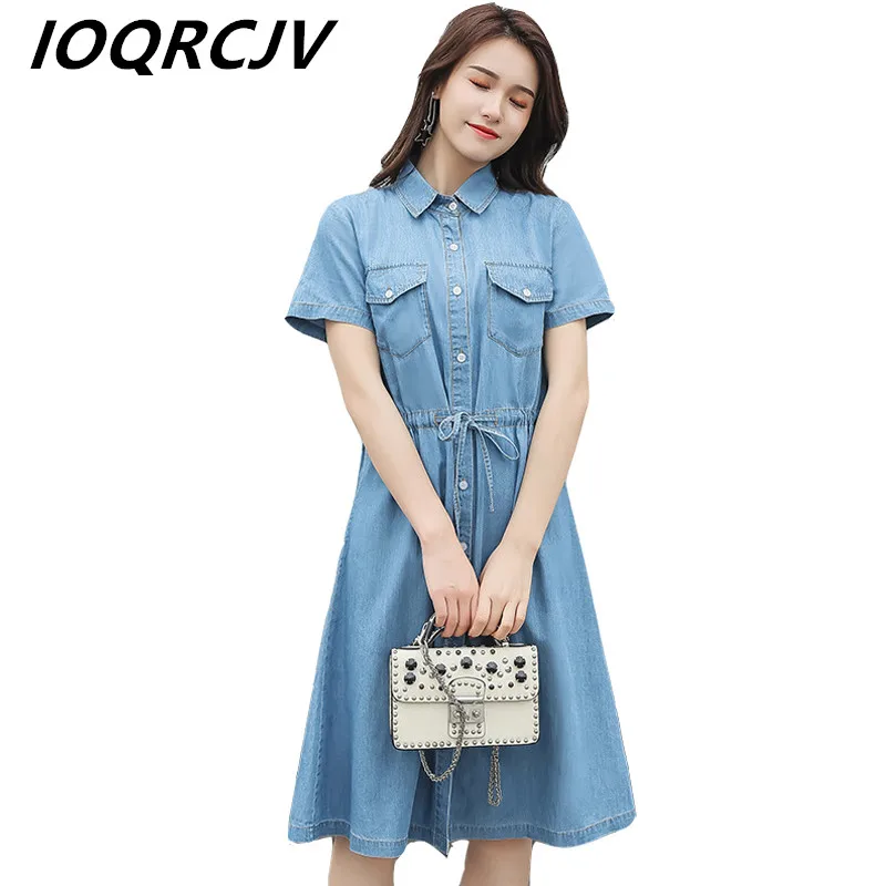 

Large Size Women Denim Dress 2019 Summer New Casual Fashion Single-Breasted Elastic Belt Short-Sleeve Denim dress Female Vestido