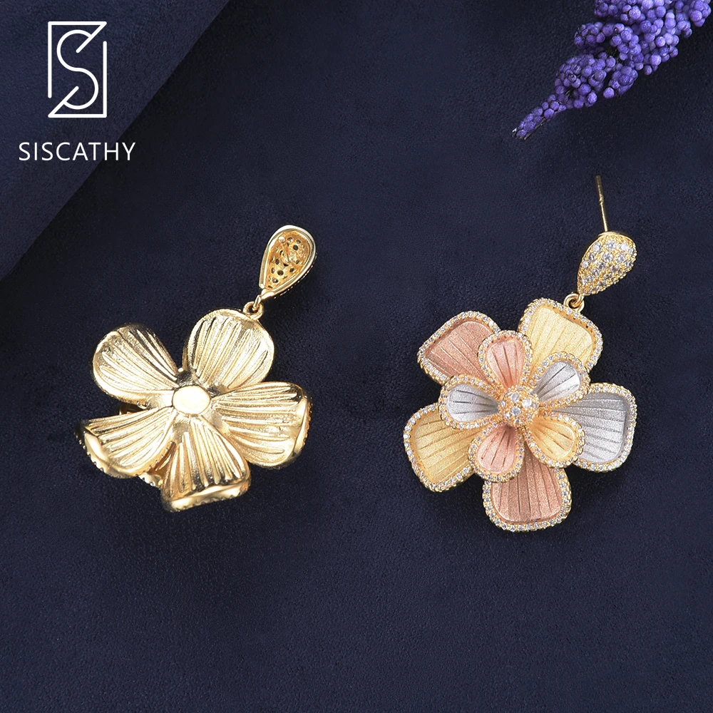 

SisCathy 28*41mm Fashion Flower Long Chain Necklace/Earrings Jewelry Sets For Women Dubai Wedding Engagement Jewelry Sets 2019